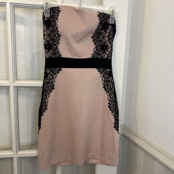 Dusty Rose & Black Lace Strapless Short Party Dress Womens juniors Large - Picture 1 of 11